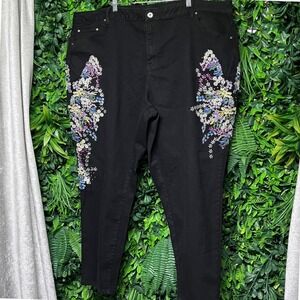 Ashley Stewart Jeans Size 28‎ Black Embroidered Floral Straight Leg Women 3404